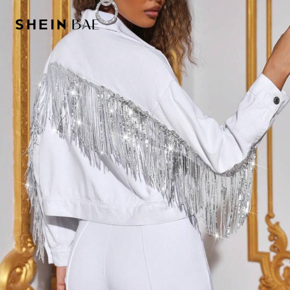 Shein Bae White Denim Crop Jacket Sequin Fringe Trim Disco Silver Retro Western - Picture 5 of 10